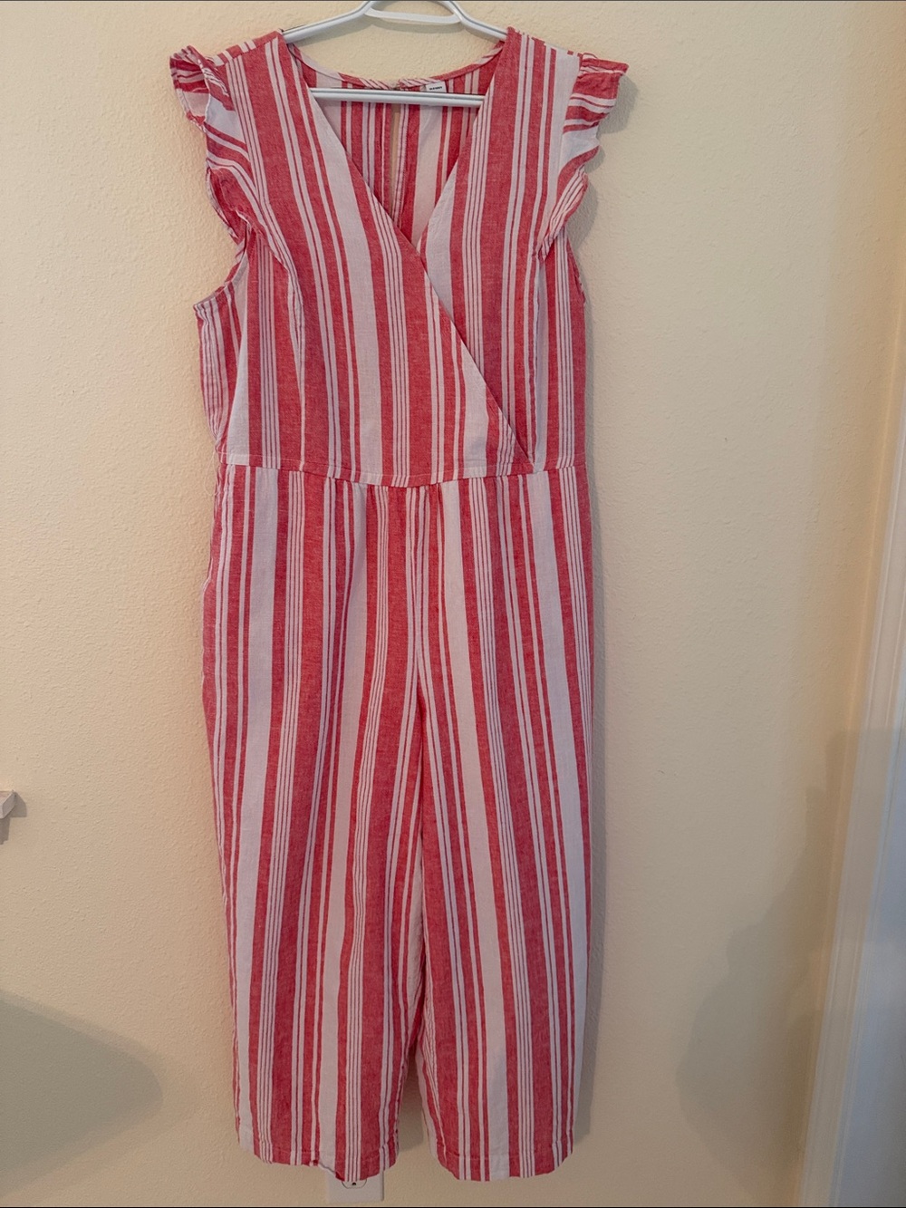 Old Navy Linen-Blend Faux-Wrap Ruffle Jumpsuit - Coral & White Stripes Size L